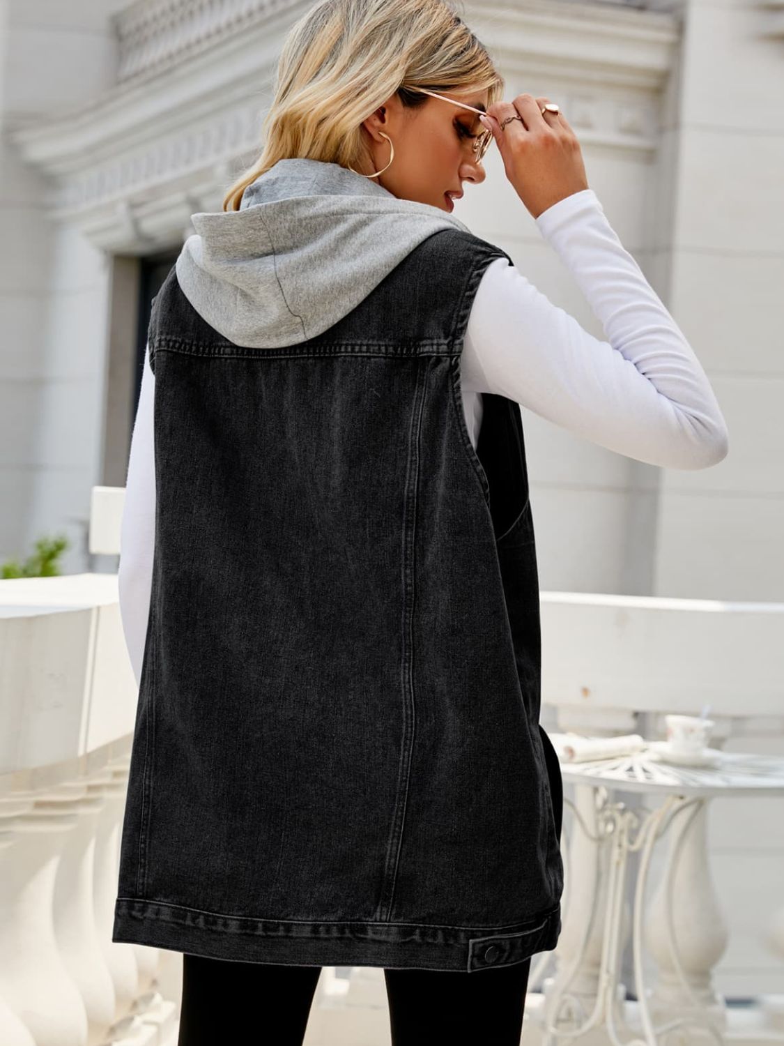 Long Drawstring Hooded Sleeveless Denim Top with Practical Pockets