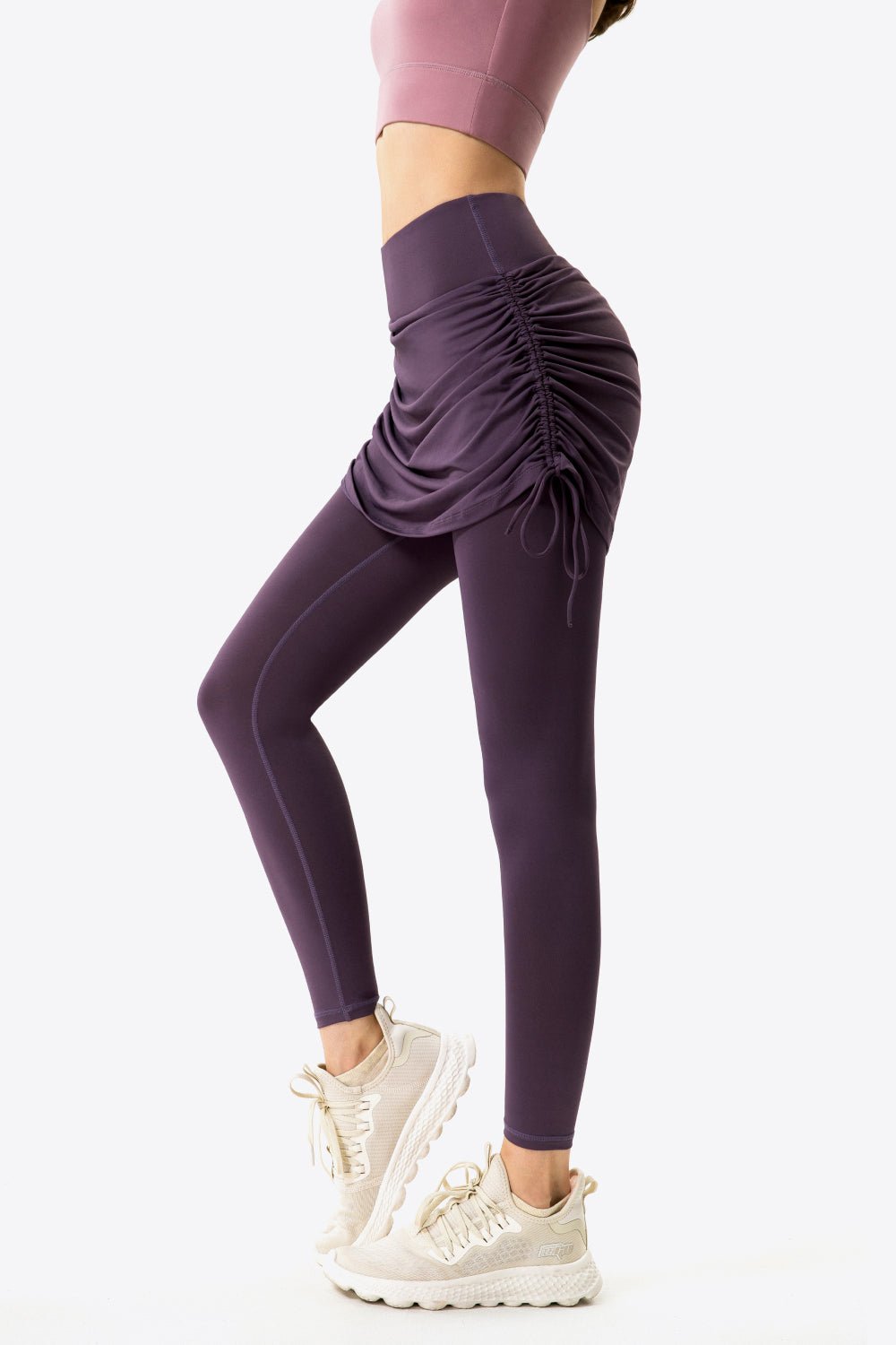 Soft and Breathable Drawstring Ruched Faux Layered Stretch Yoga Leggings