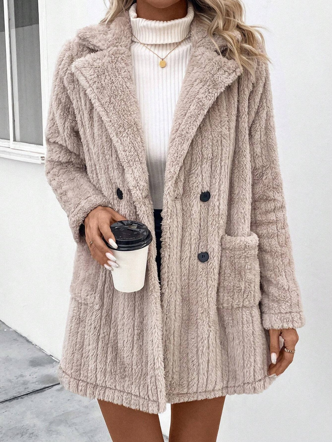 Cozy Fuzzy Long Sleeve Button - Up Coat with Practical Pockets