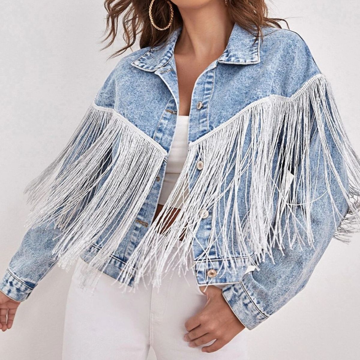 Casual Long Sleeve Denim Jacket with Fringe Detail and Collared Neck