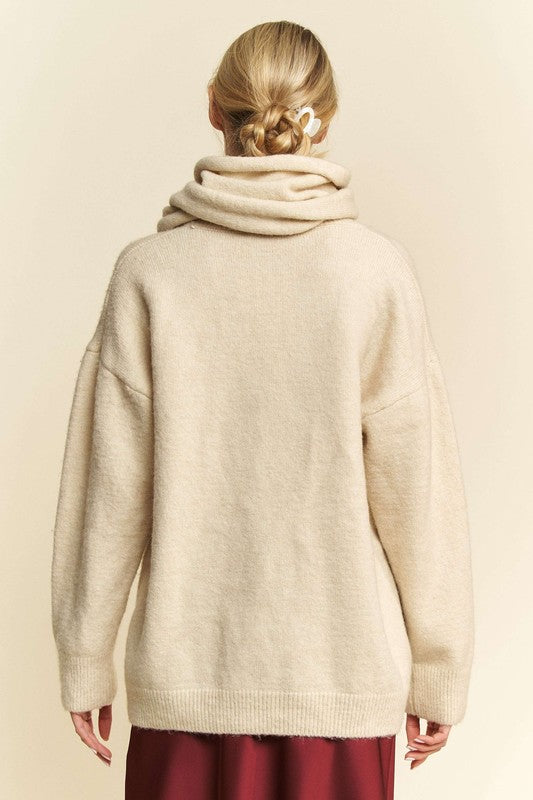 Davi & Dani Cozy V-Neck Dropped Shoulder Sweater Set with Scarf