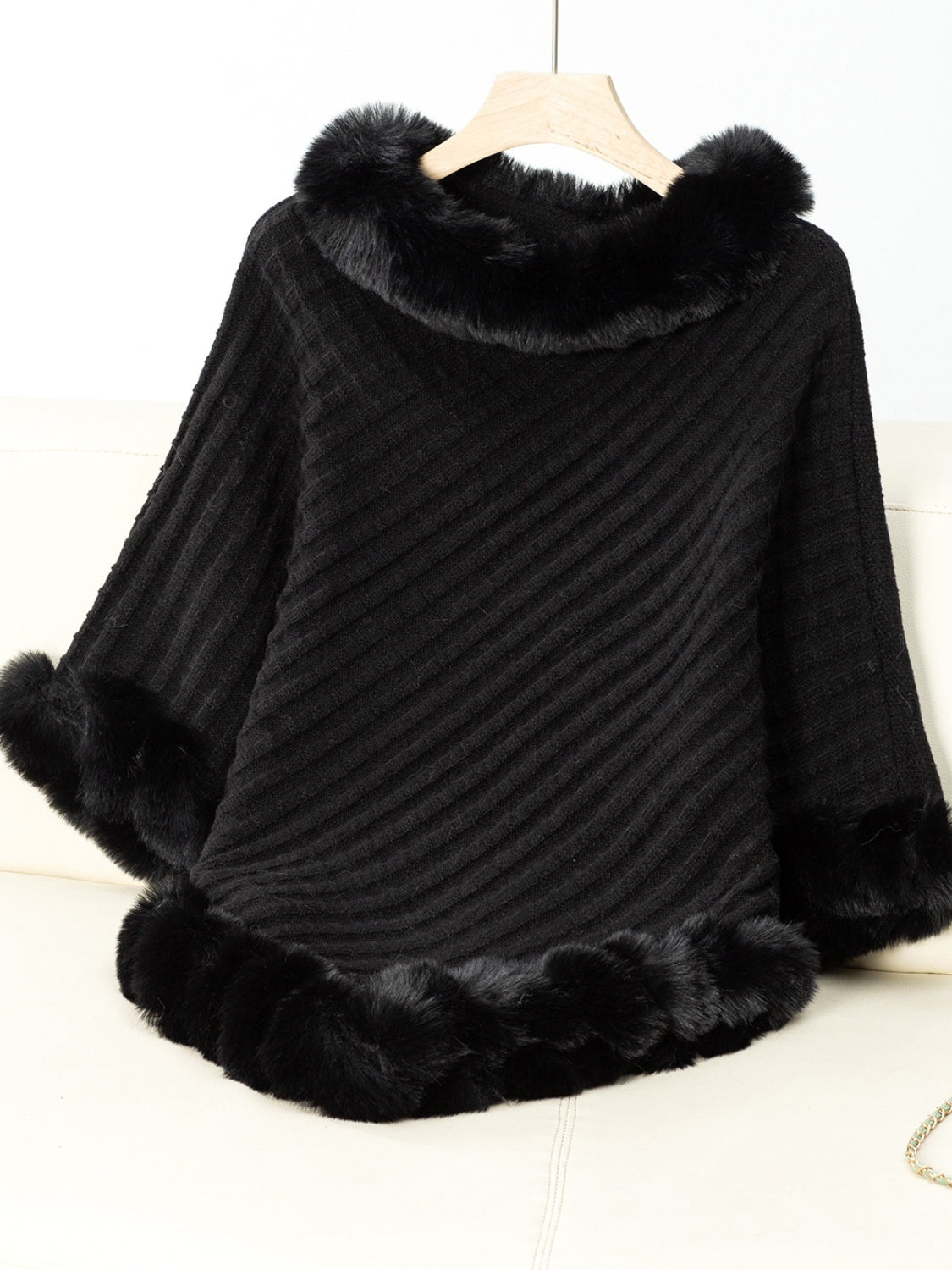 Fashionable Three-Quarter Sleeve Poncho with Fuzzy Trim Texture