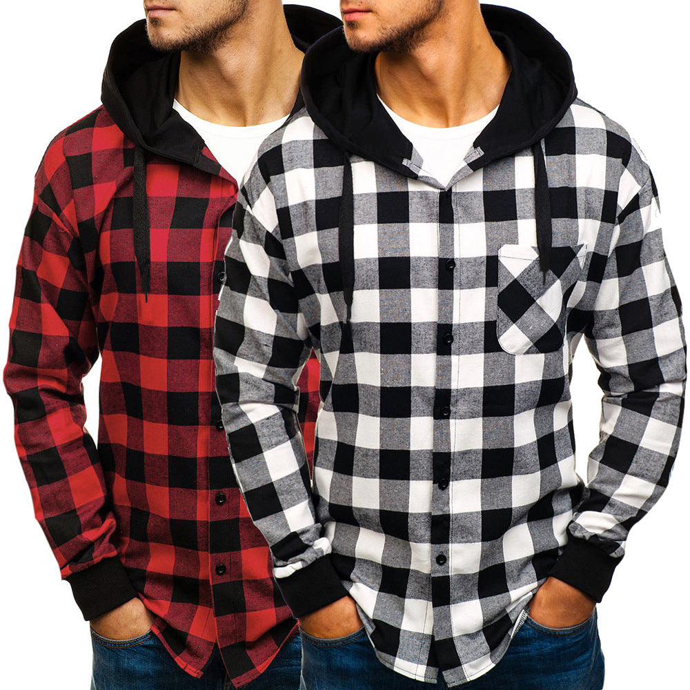 Men's Button - Up Cotton Shirt Jacket in Classic Lumber Jack Hooded Style
