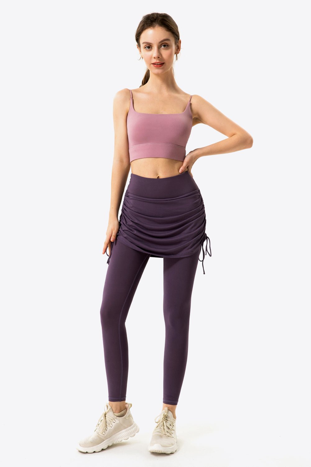 Soft and Breathable Drawstring Ruched Faux Layered Stretch Yoga Leggings
