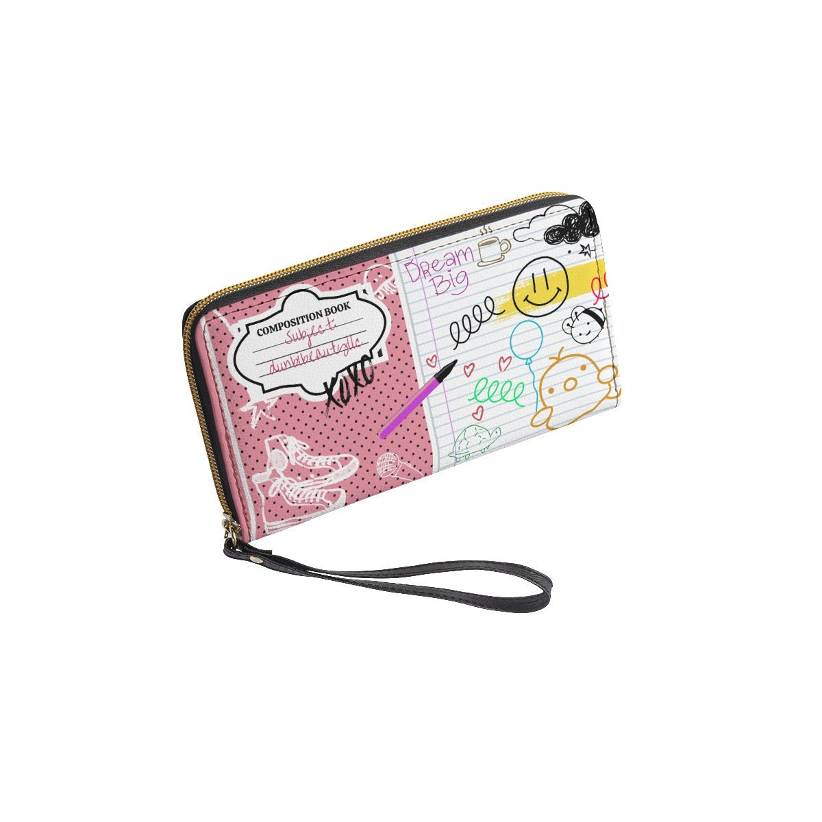 Pink Dunbi Designed Long Wallet with Black Hand Strap for Back to School