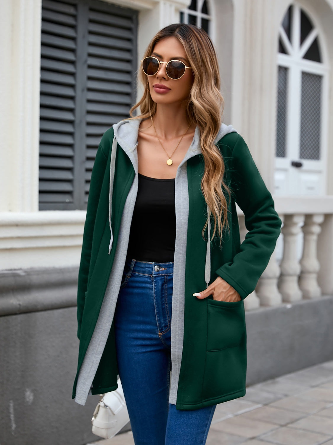 Polyester-Elastane Drawstring Long Sleeve Hooded Pocketed Jacket