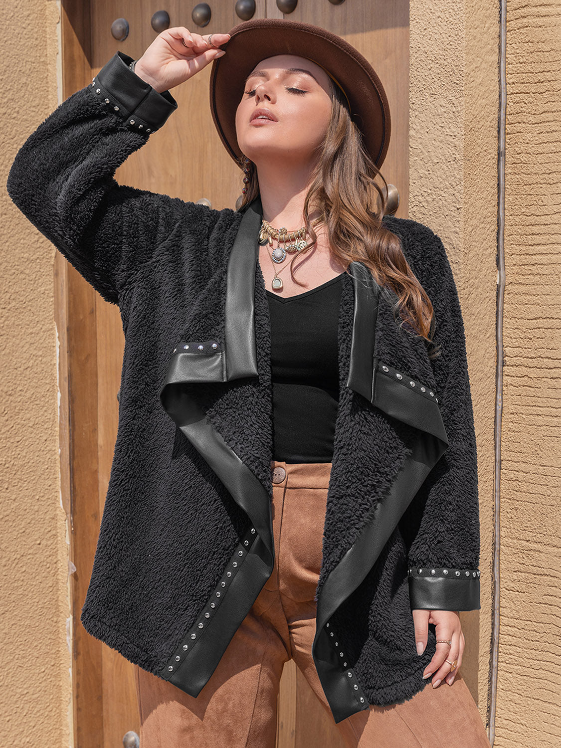 Plus Size Fuzzy Studded Long Sleeve Urban Jacket