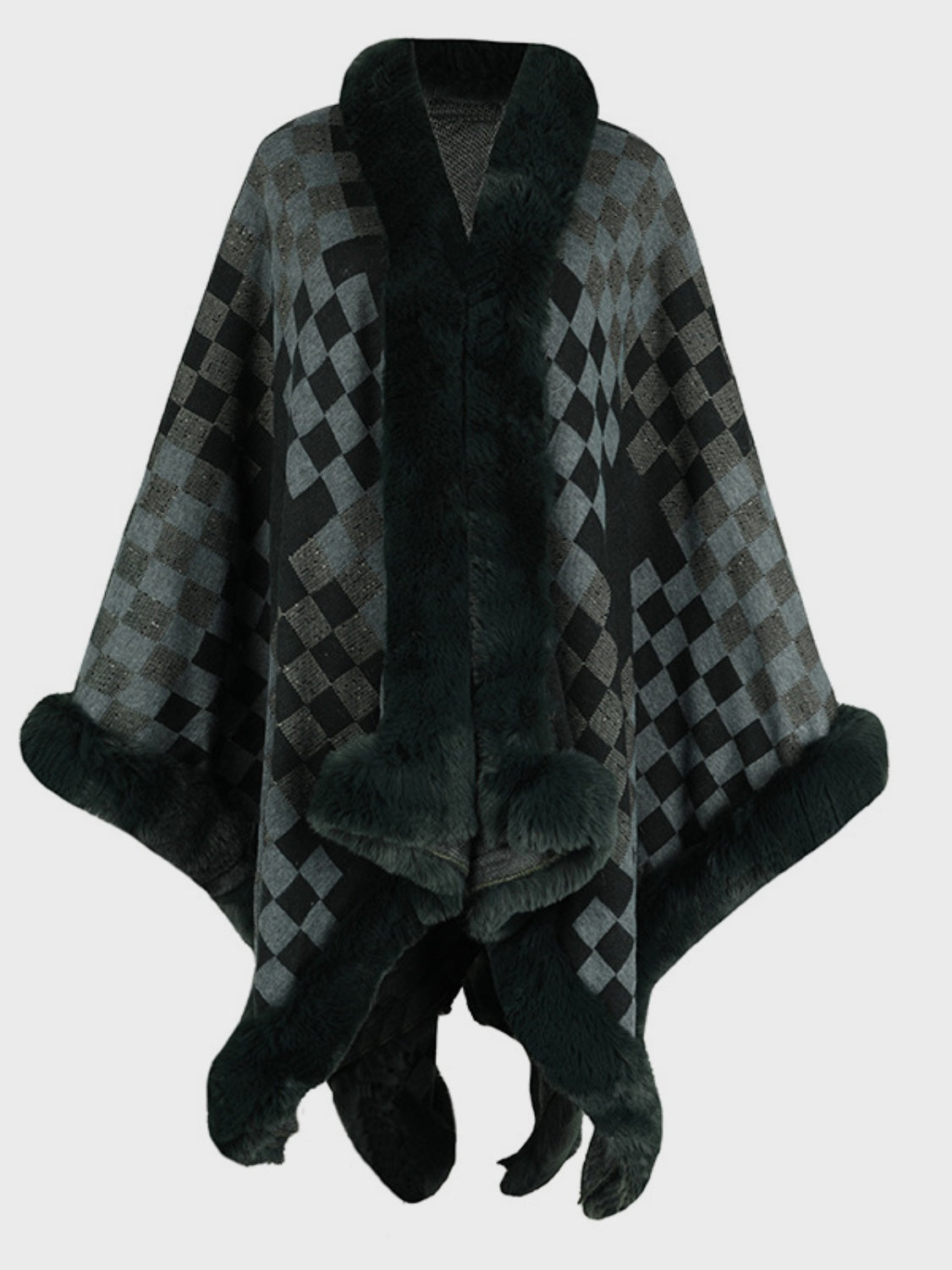 Soft and Fuzzy Checkered Long-Sleeved Poncho for Fashionable Wear