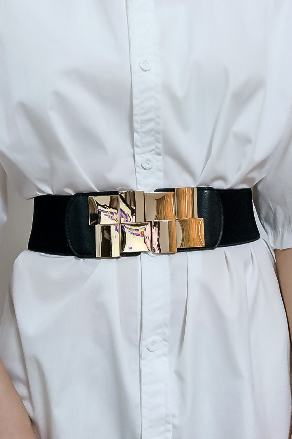 Fashionable Geometric Design Zinc Alloy Buckle Elastic Wide Waist Belt for Men and Women
