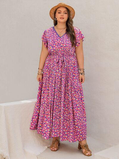 Plus Size Fashionable Printed V-Neck Flutter Sleeve Tie-Waist Floor-Length Maxi Dress for Women