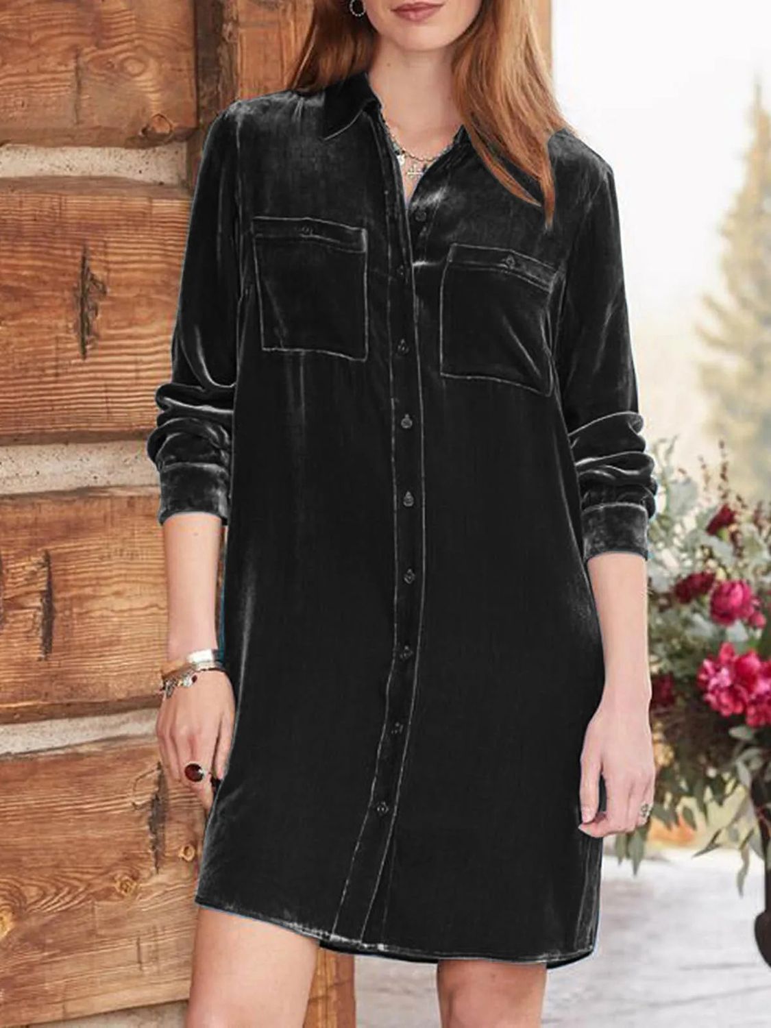 Long Sleeve High-Low Button-Up Knee-Length Opaque Dress with Pockets