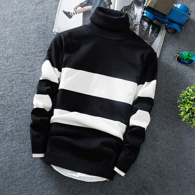 Men's Korean Style Long Sleeve Colorblock Striped Turtleneck Pullover Sweater