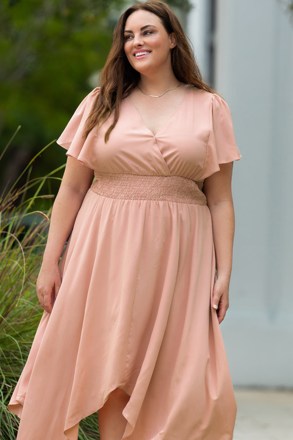 Plus Size Fashionable Wide Waistband Surplice Neck Flutter Sleeve Mid - length Dress for Women