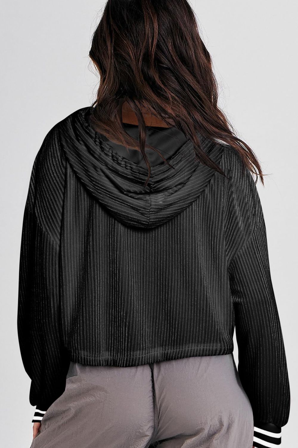 Opaque Drawstring Long Sleeve Drop Shoulder Hoodie