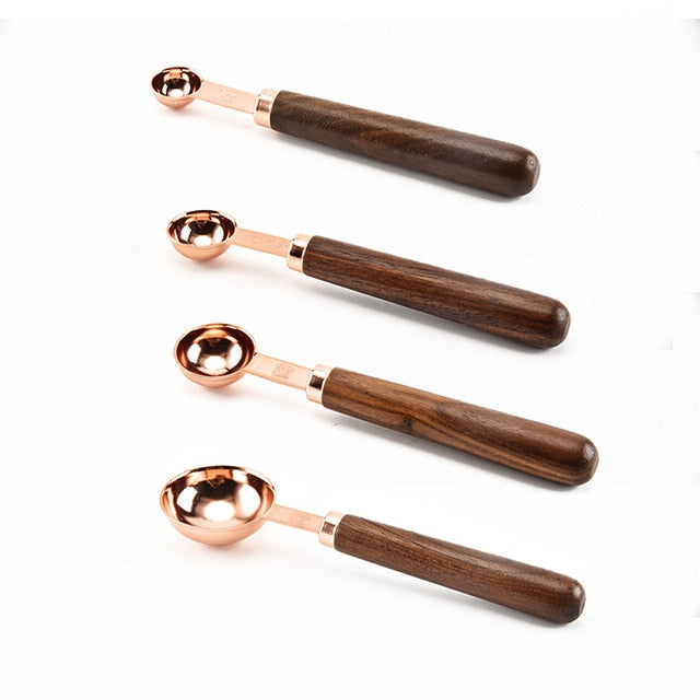 Eco-Friendly Wooden Handle Stainless Steel Measuring Spoon Set for Kitchen, Baking & Bartending