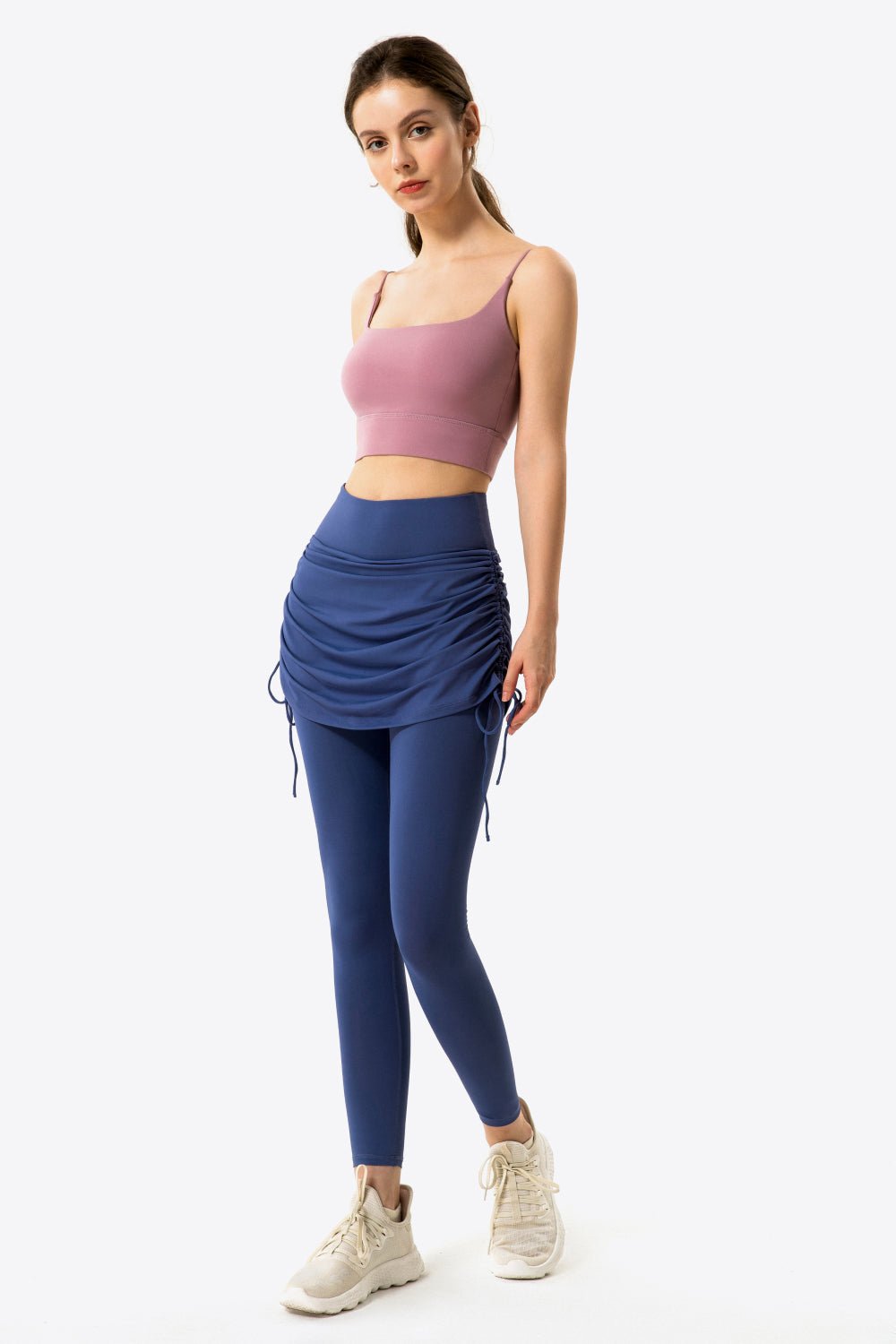 Soft and Breathable Drawstring Ruched Faux Layered Stretch Yoga Leggings