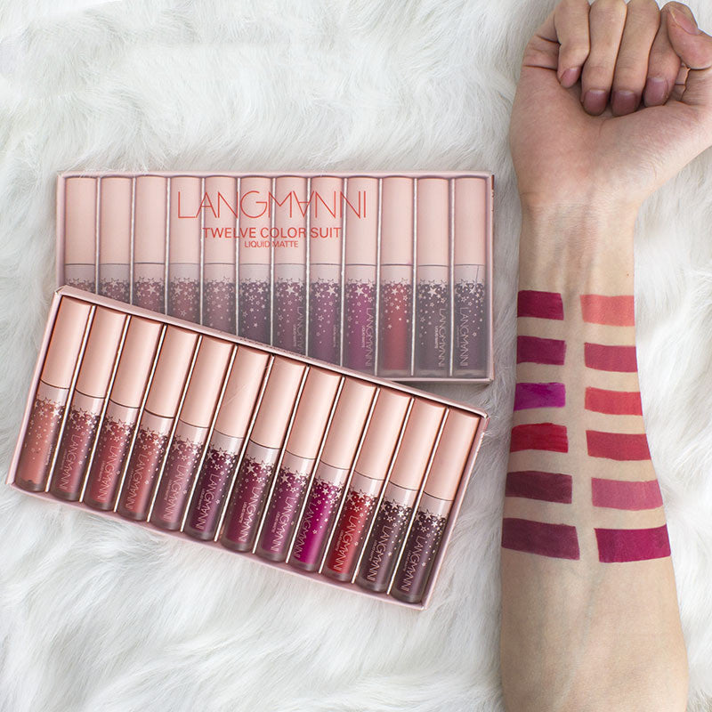 Non-Stick and Non-Fading Matte Lip Gloss Set with 12 Colors