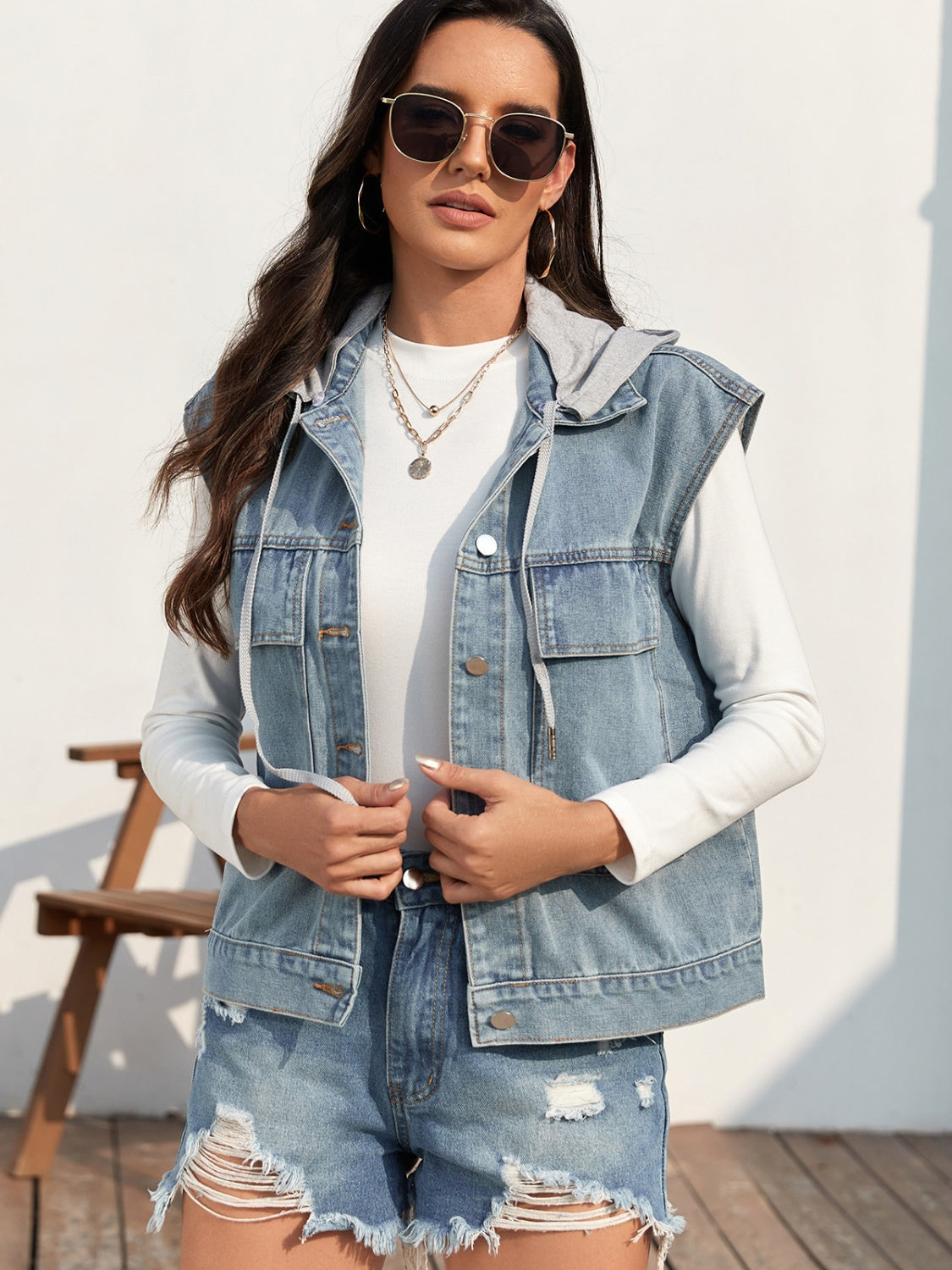 Denim Sleeveless Drawstring and Button-Up Jacket for Fashionable Wear