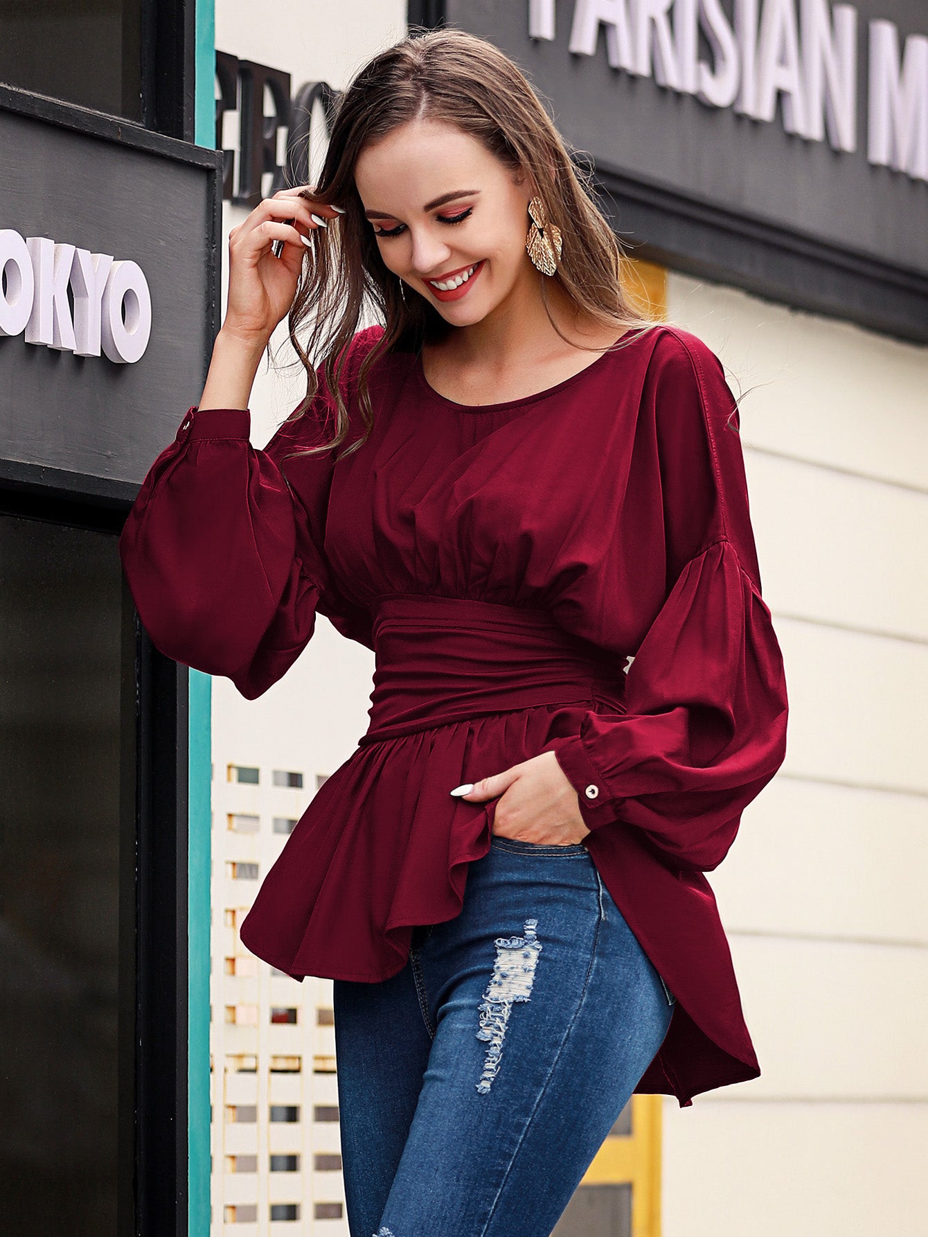 Long Sleeve Casual Round Neck Blouse with Exposed Seams and Dropped Shoulders