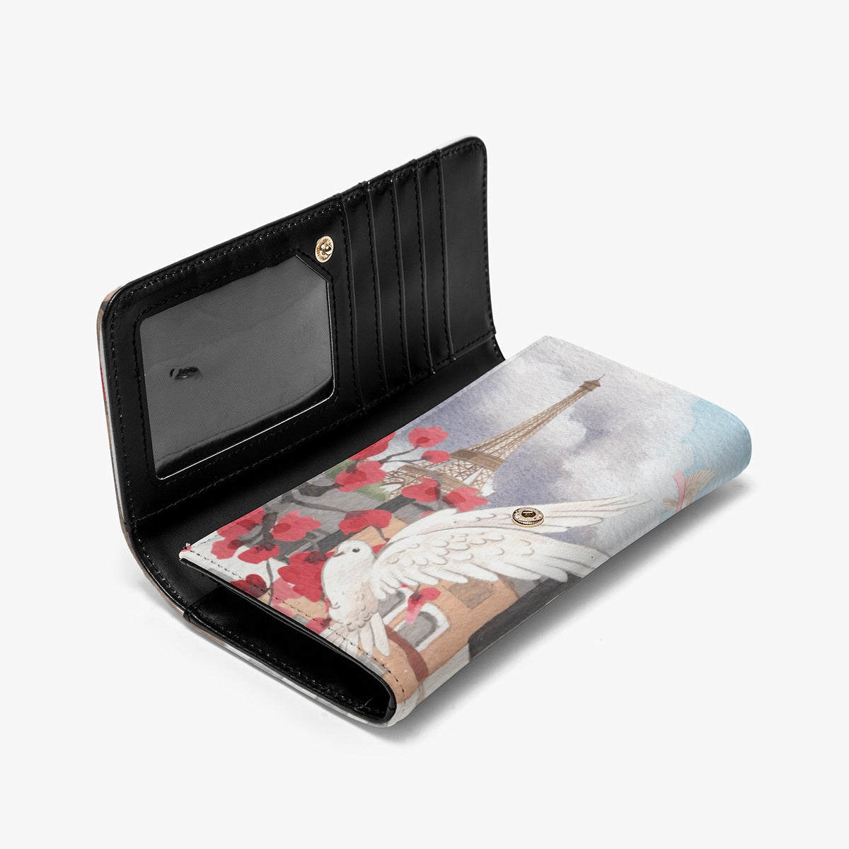 Dunbi Designed Foldable PU Wallet Featuring a Romantic Scene of Love in a Hot Air Balloon over Paris with Eiffel Tower, Dove, Flowers, Girl, Sky and Hearts