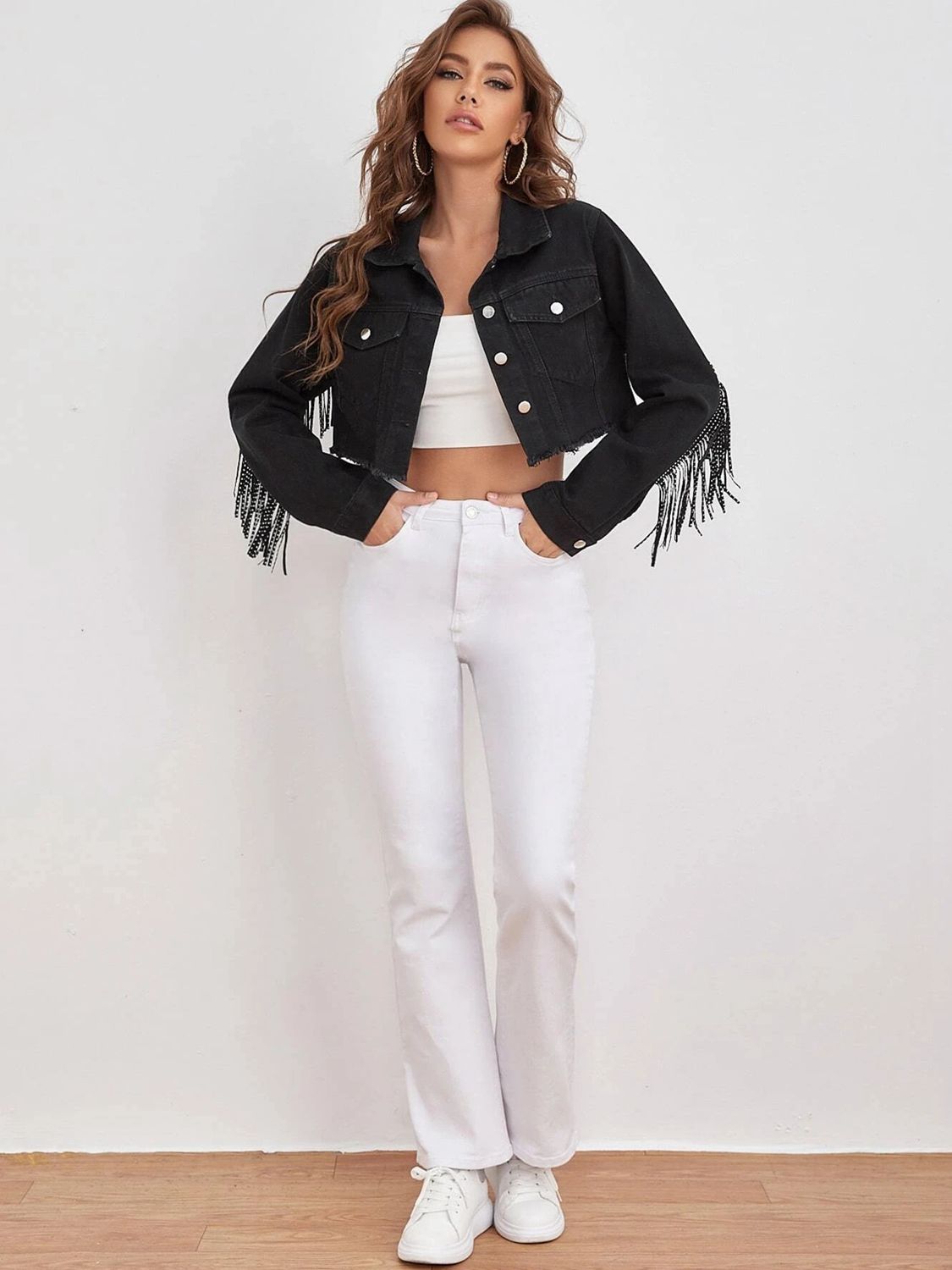 Stylish Cropped Denim Jacket with Fringe Detail and Collared Neck for Fashion - Forward Look
