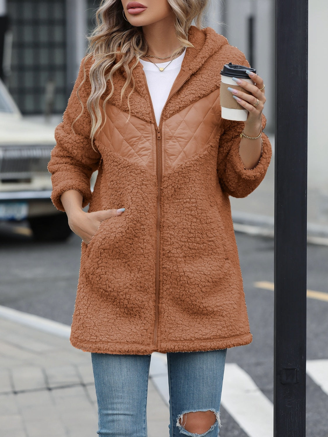 Soft Fuzzy Long Sleeve Zip - Up Hooded Polyester Jacket