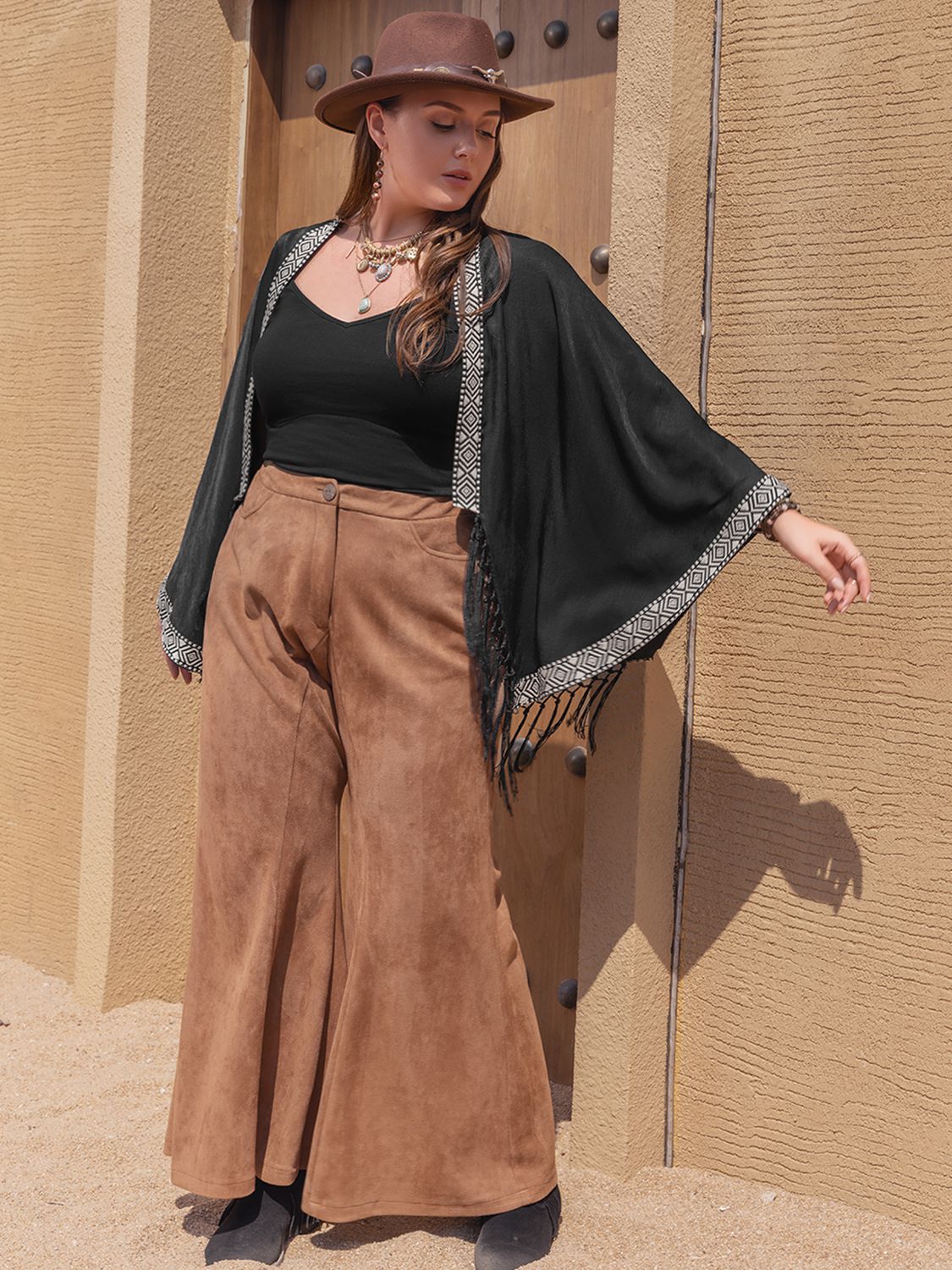 Plus Size Fashionable Geometric Open Front Tassel Hem Cardigan for Women