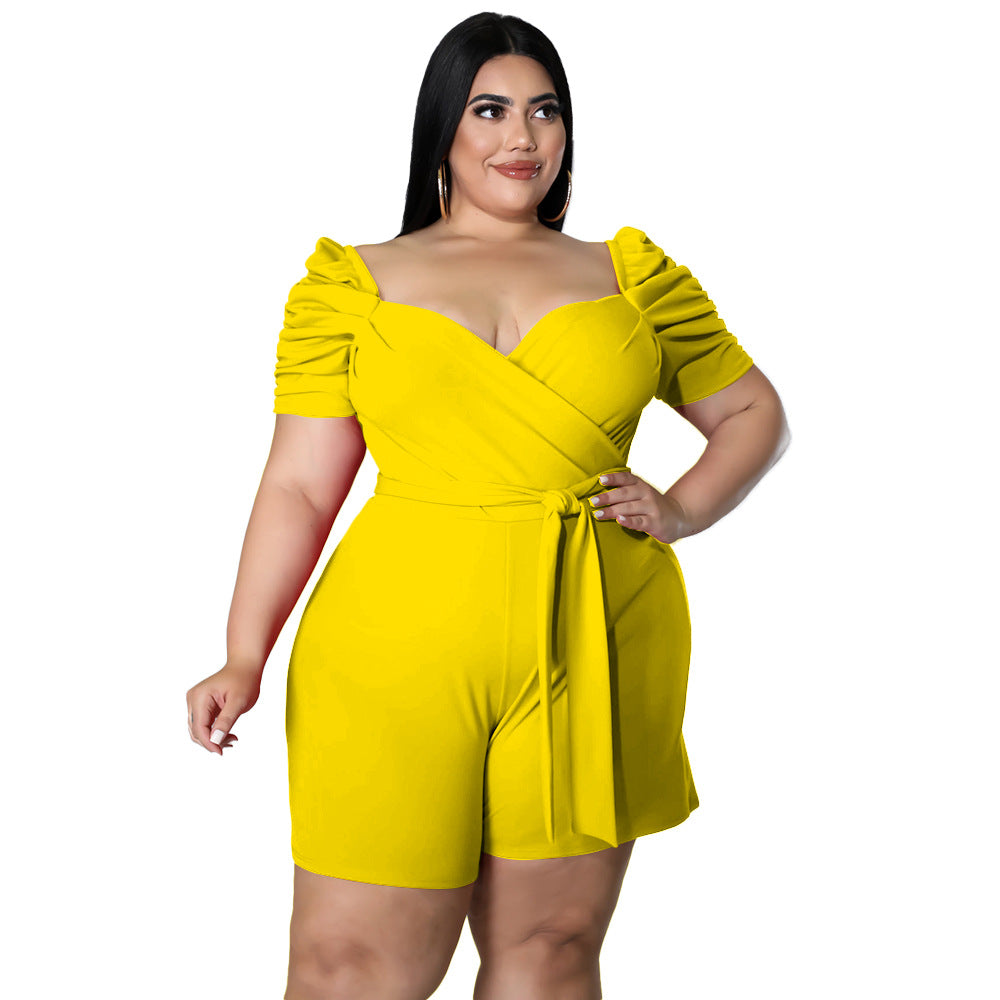Plus Size Short Romper with Tie Waist and Puff Sleeves for Women