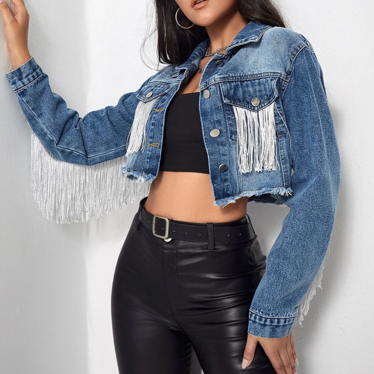 Stylish Cropped Long - Sleeve Denim Jacket with Fringe Details