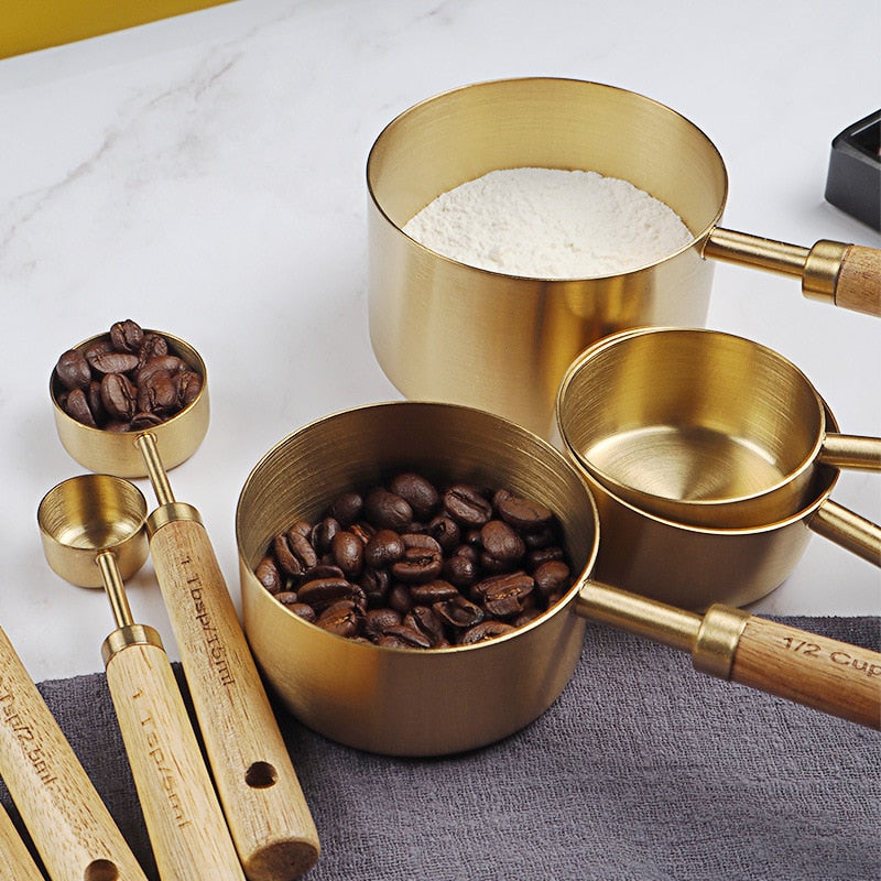 Eco-Friendly Wooden Handle Stainless Steel Measuring Spoon Set for Kitchen, Baking & Bartending