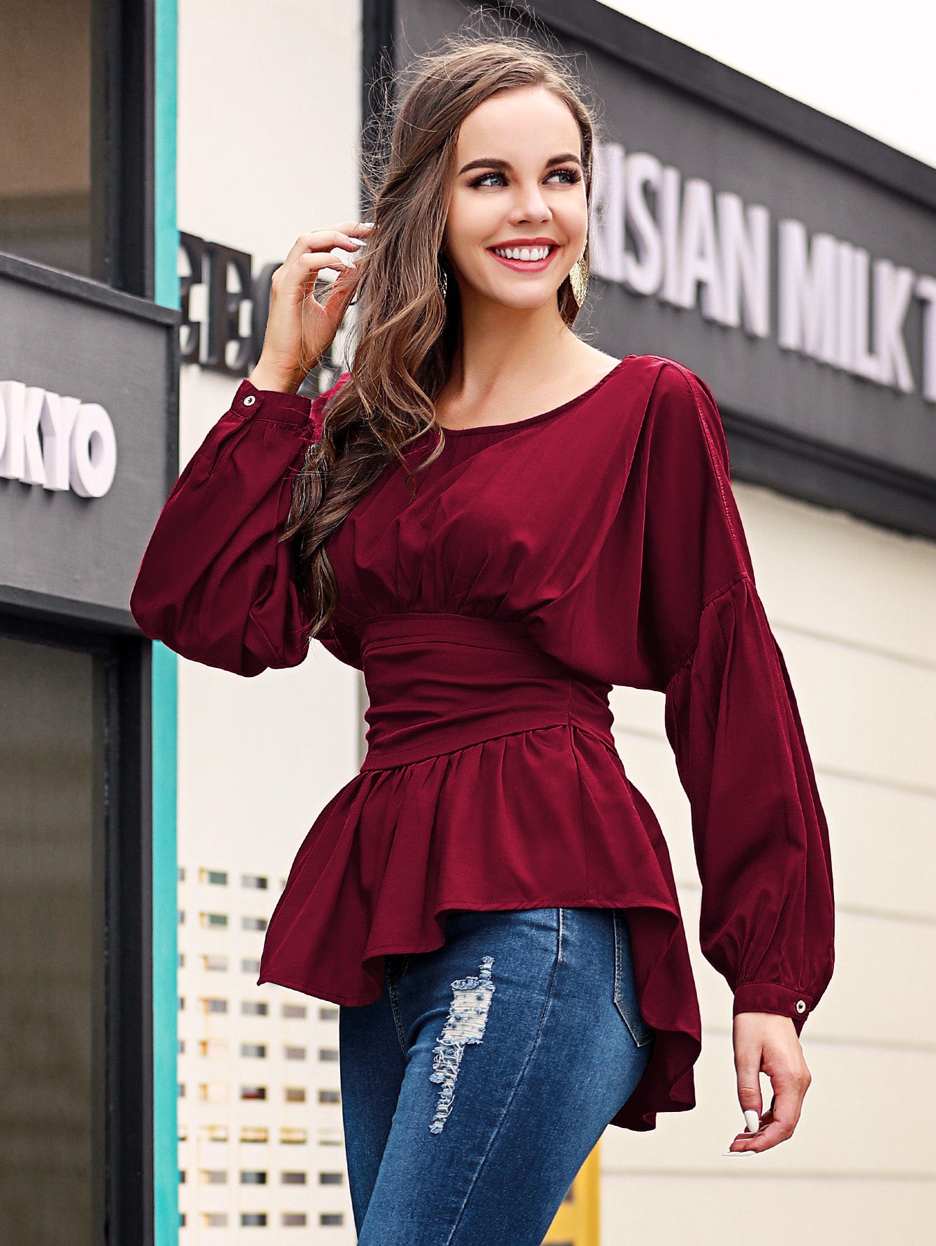Long Sleeve Casual Round Neck Blouse with Exposed Seams and Dropped Shoulders
