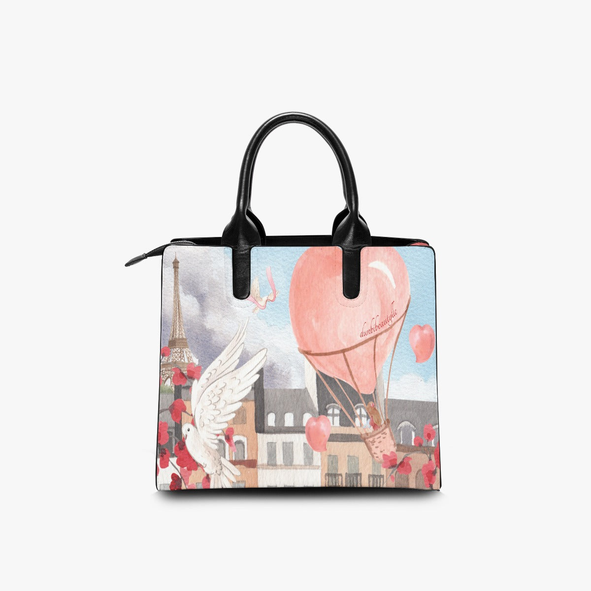 Fashionable Square Tote Bag with an Enchanting Design of Love in a Hot Air Balloon over Paris, Featuring Eiffel Tower, Dove, Flowers, Girl, Sky, and Hearts (Designed by Dunbi)