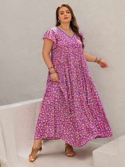 Plus Size Fashionable Printed V-Neck Flutter Sleeve Tie-Waist Floor-Length Maxi Dress for Women