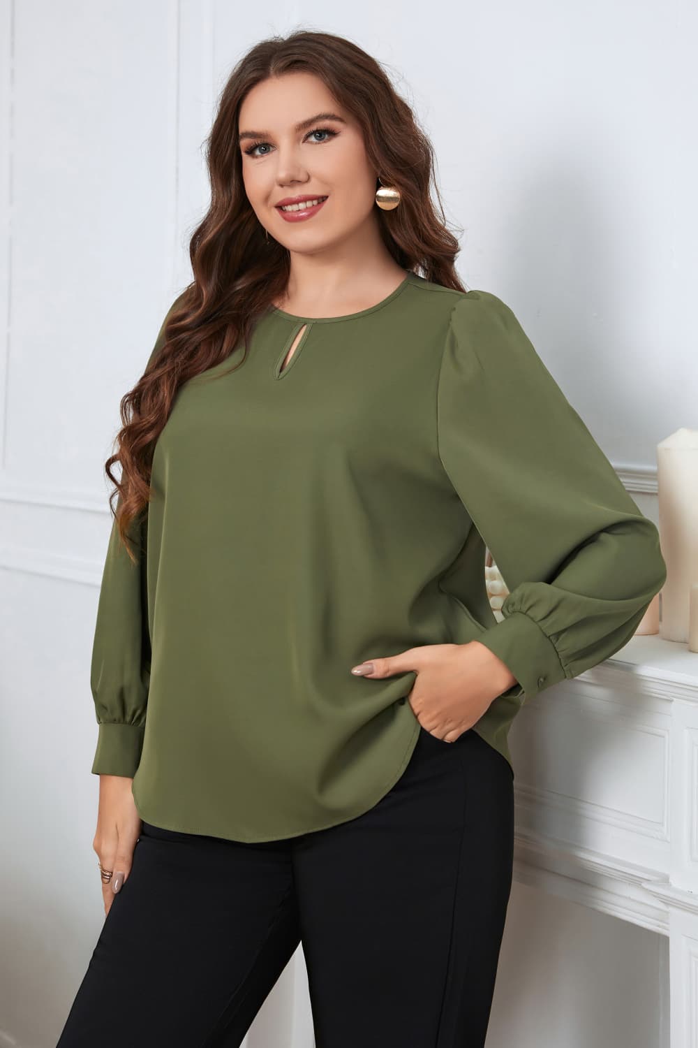 Plus Size Long Sleeve Round Neck Casual Blouse with Cutout Detail