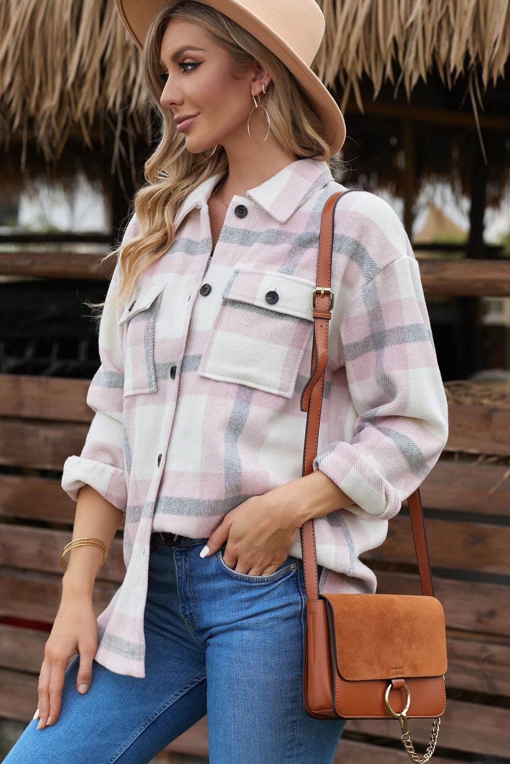 Casual Plaid Dropped Shoulder Pocket Buttoned Shacket for Everyday Wear