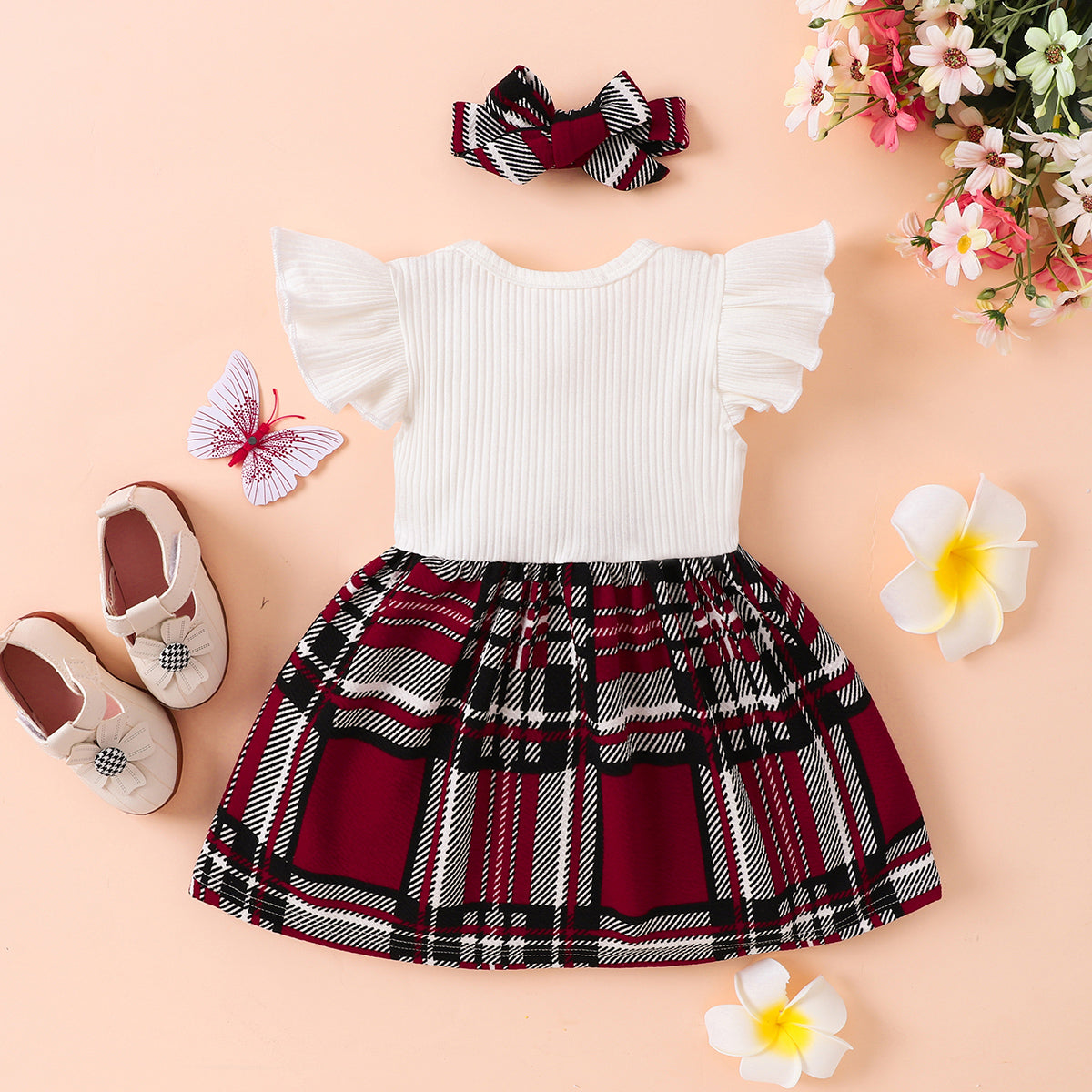 Casual Plaid Pattern Print Dress with Bow Detail for Infants and Toddlers