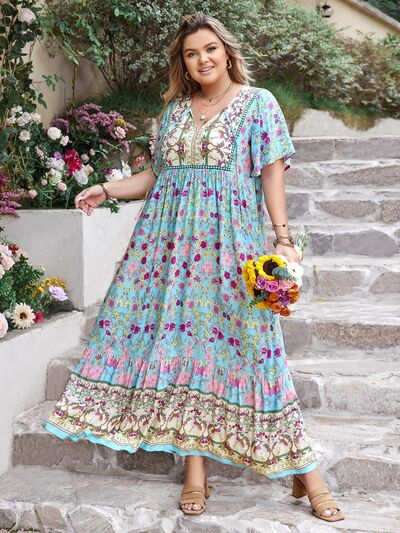 Plus Size Women's Printed Tie Neck and Flutter Sleeve Floor-Length Maxi Dress