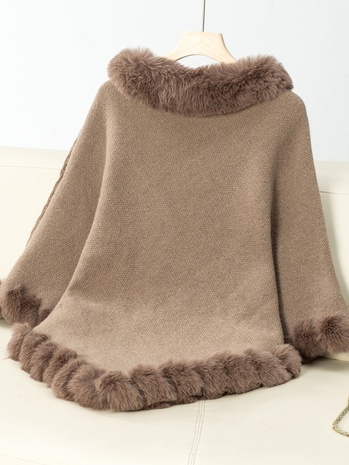 Fashionable Three-Quarter Sleeve Poncho with Fuzzy Trim Texture