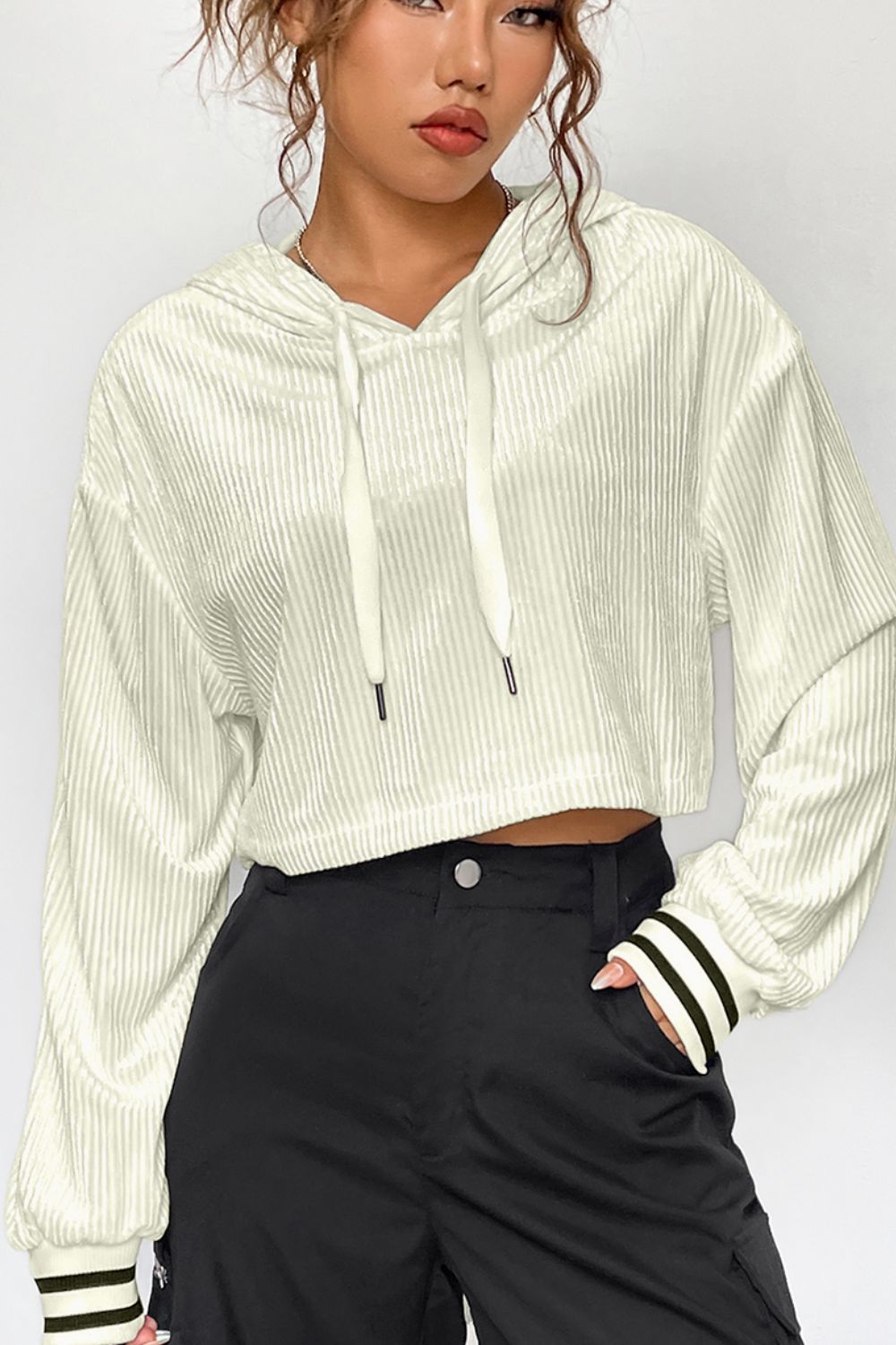 Opaque Drawstring Long Sleeve Drop Shoulder Hoodie
