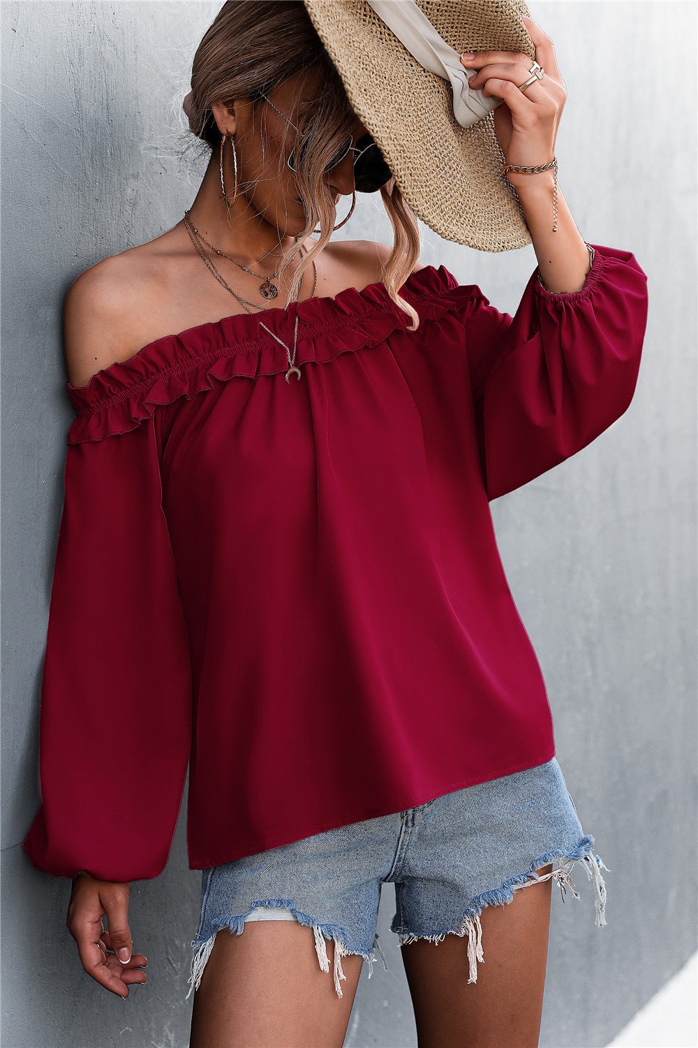Fashionable Women's Frill Trimmed Off-Shoulder Balloon Sleeve Blouse Top