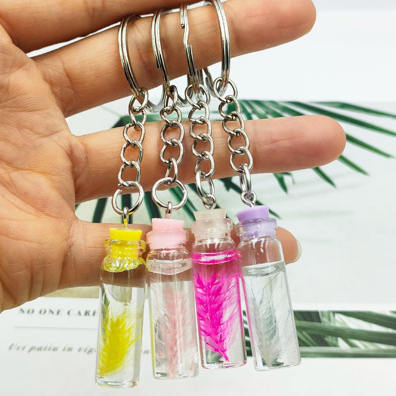 Decorative Keychain with Dried Flower Enclosed in a Bottle