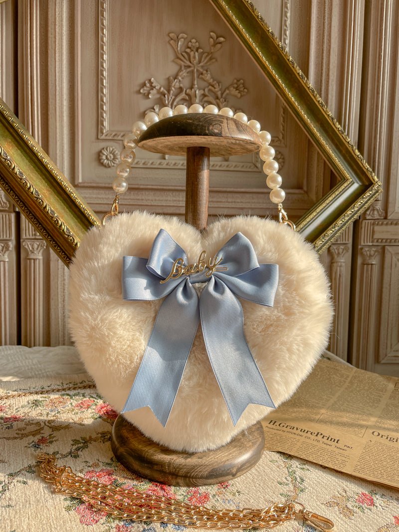 Adorable Lolita Heart-Shaped Pearl Chain Plush Tote Bag