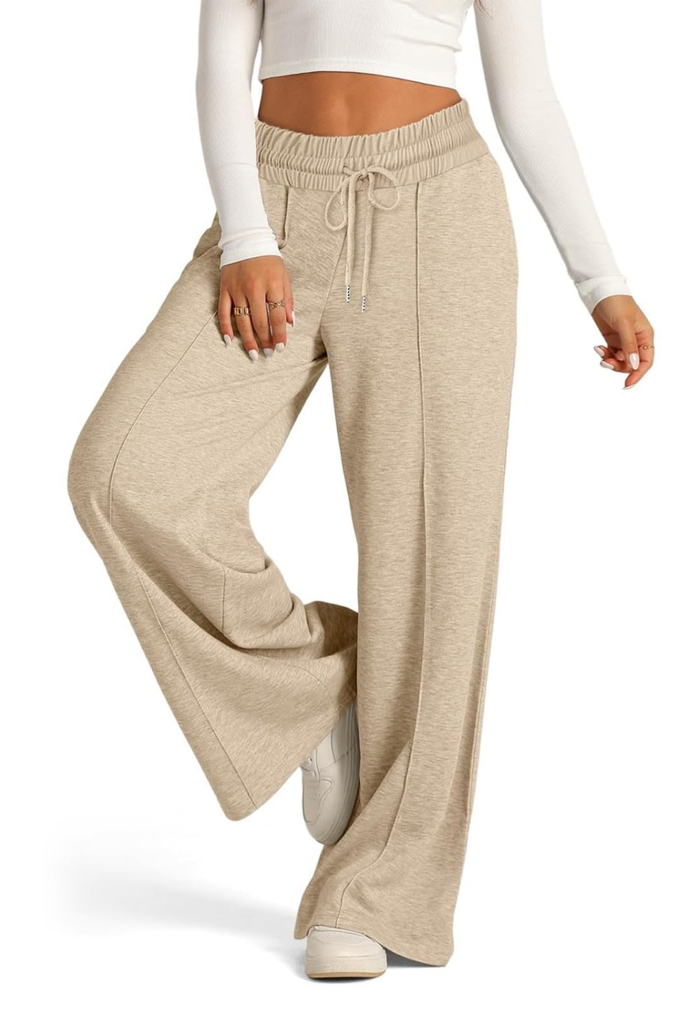 Fashionable Drawstring Elastic Waist Wide Leg Polyester Pants for Comfortable Wear