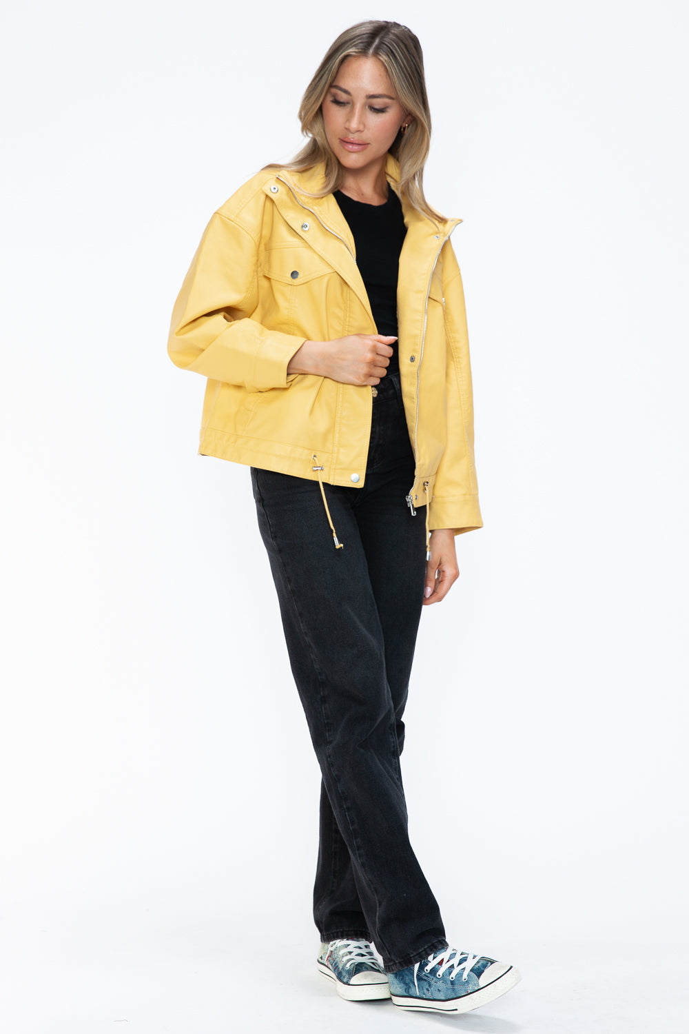 Stylish PU Leather Zip - Up Jacket with Adjustable Drawstring Hem