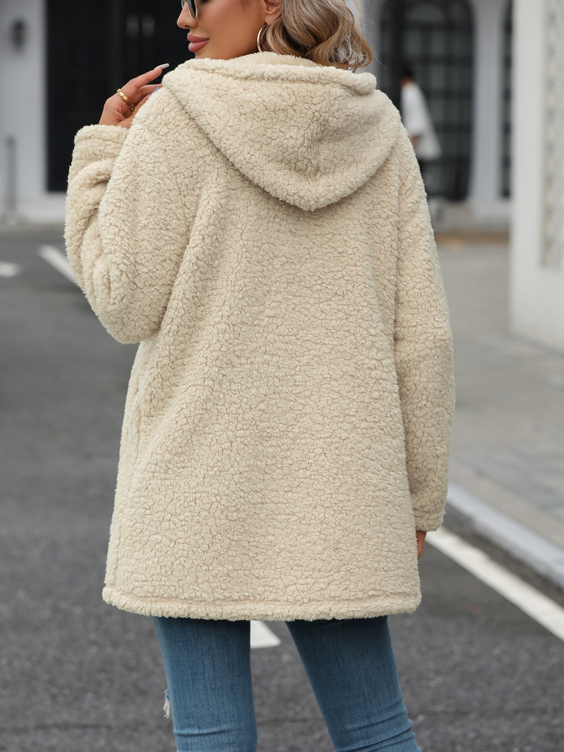 Soft Fuzzy Long Sleeve Zip - Up Hooded Polyester Jacket