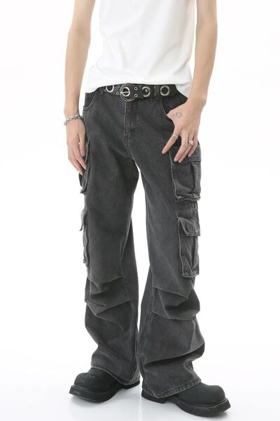 Men's Stretch-Free Multi-Pocket Pleated Cargo Cotton-Viscose Jeans