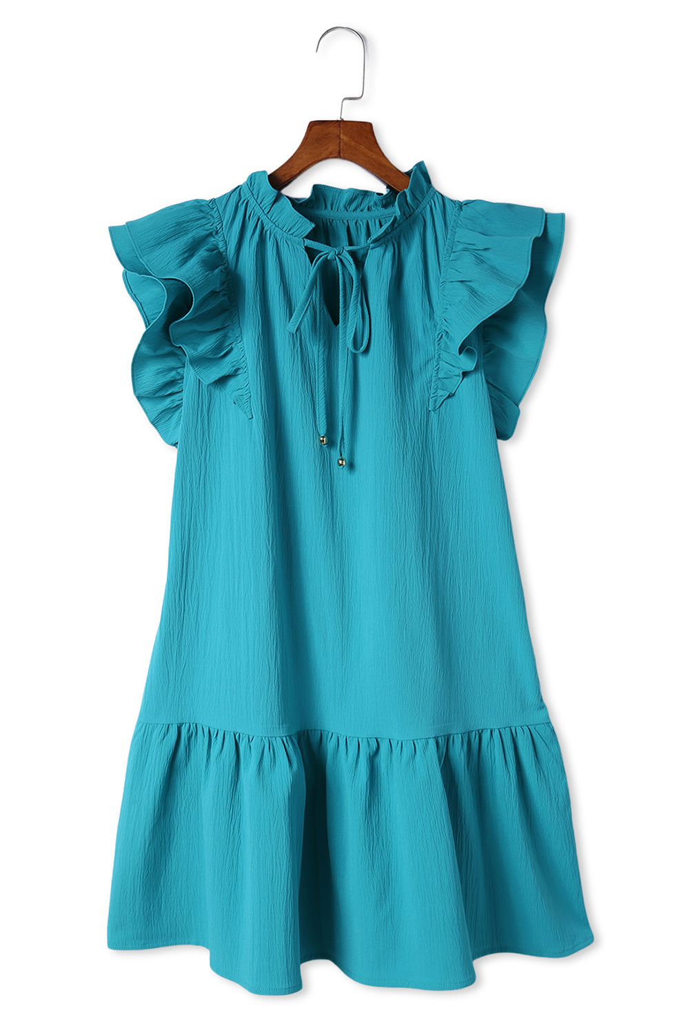 Stylish Green Tiered Mini Dress with Ruffled Sleeves and Practical Pockets