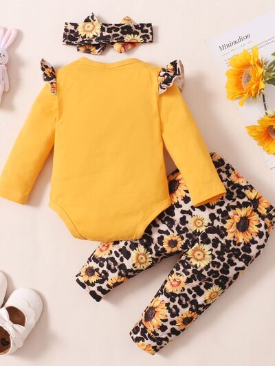 Fashionable Baby Set: Letter Long Sleeve Bodysuit, Leopard Pants and Bow Headband