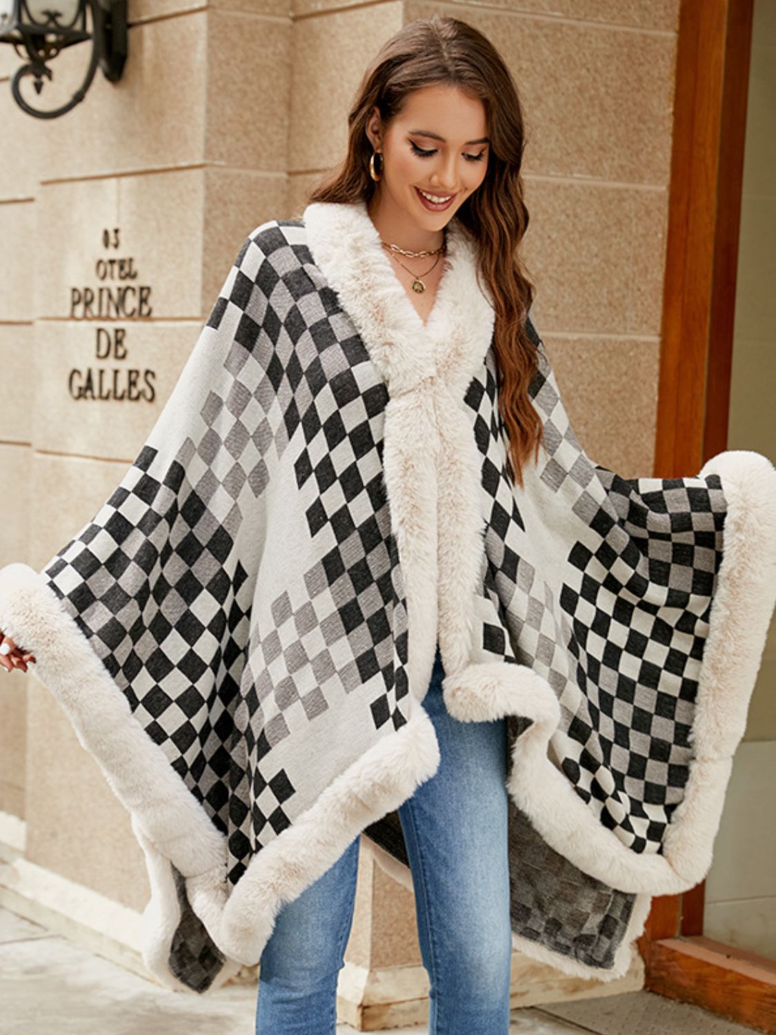 Soft and Fuzzy Checkered Long-Sleeved Poncho for Fashionable Wear