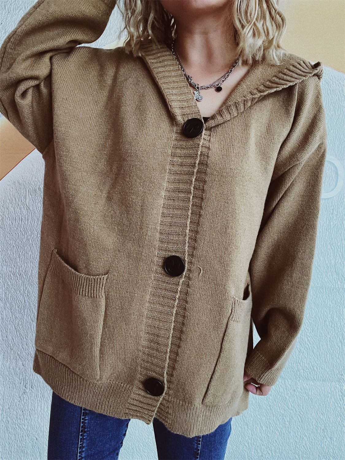 Casual Dropped Shoulder Long Sleeve Buttoned Pocketed Hooded Cardigan for Everyday Wear